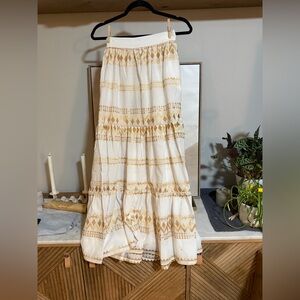 NWT 100% Greek Linen White and Gold Embroidered Women's Skirt with Pockets